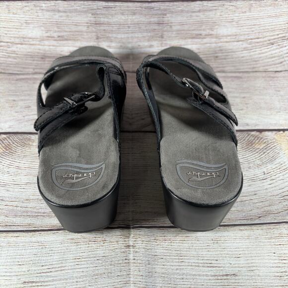Dansko Womens 38 7.5-8 Sandals Sela Black Patent Leather Slide Wedge Open Toe - Picture 6 of 8